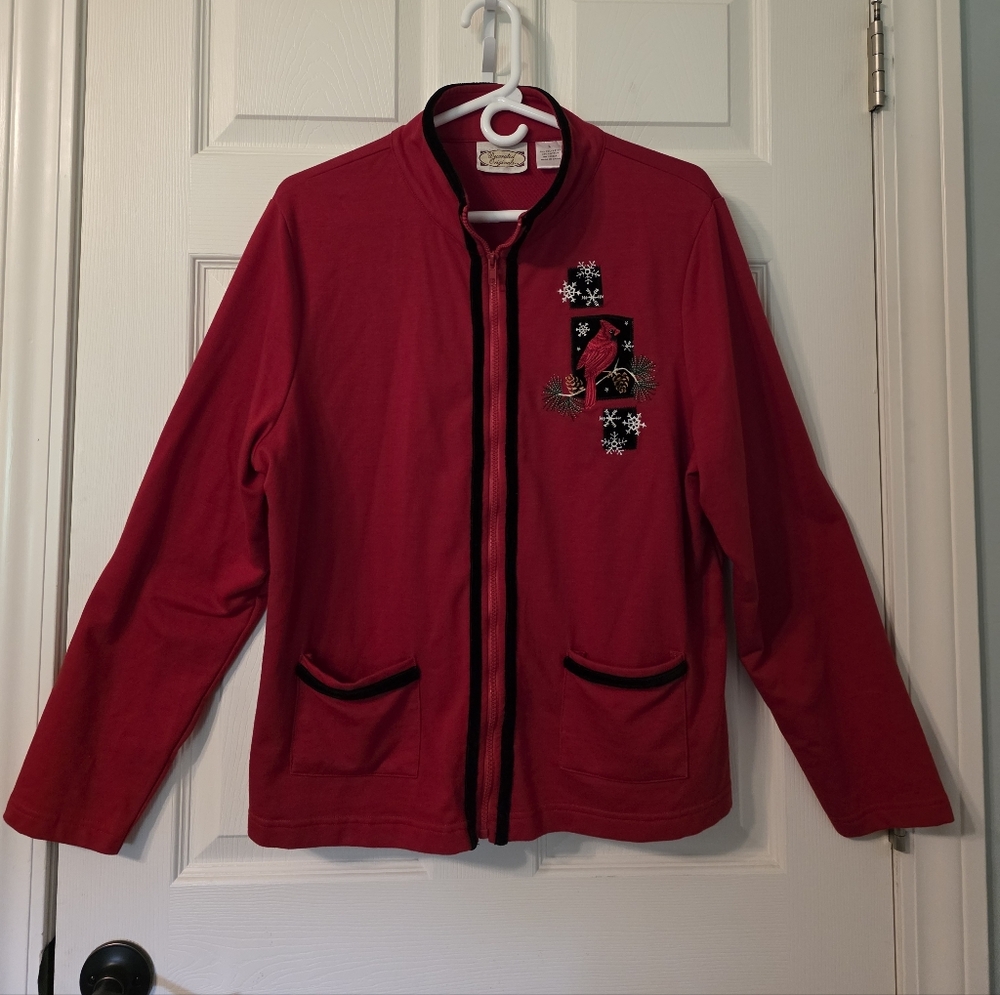 Red Women's Zip-Front Sweater Jacket with Embroidered Detail